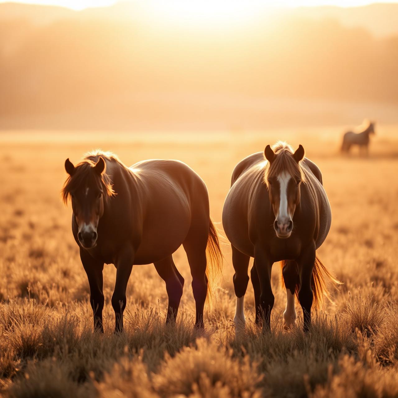 Two horses grazing in a sunlit pasture at golden hour