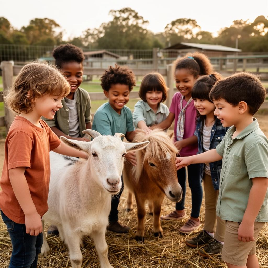 Children gently petting a goat and a pony at a community farm